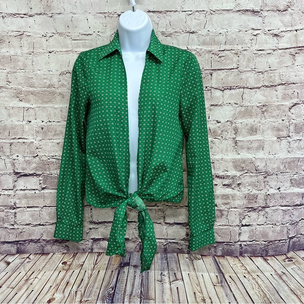 Michael Kors Green Geometric Tie Hem Open Blouse